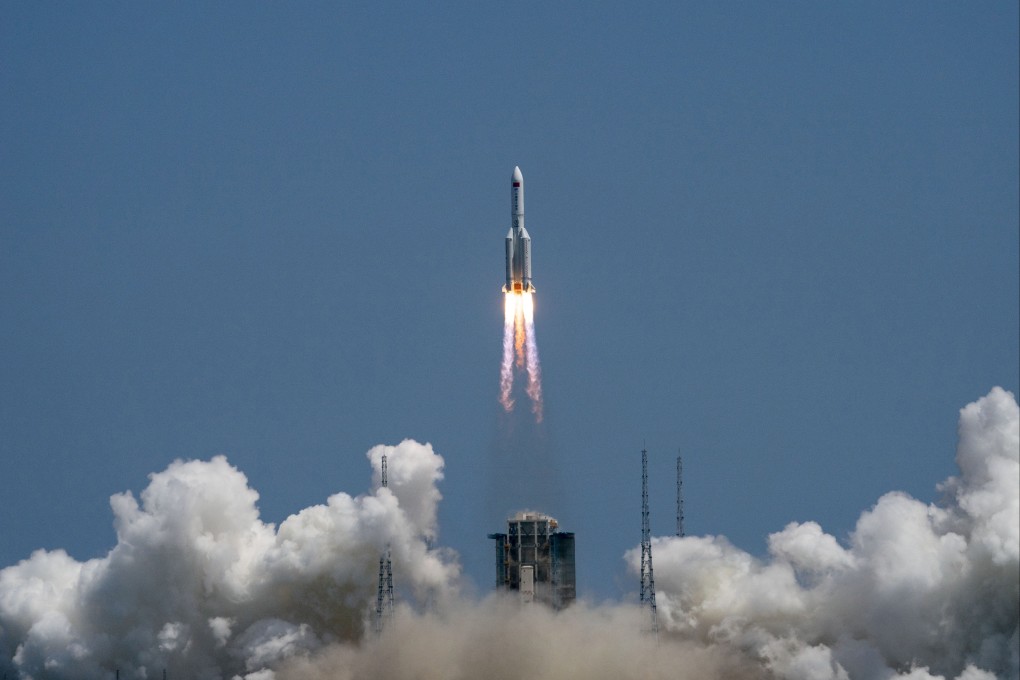 The Wentian laboratory module, packed inside the Long March 5B heavy-lift rocket, blasts off from the Wenchang spaceport in southern China. Photo: Xinhua