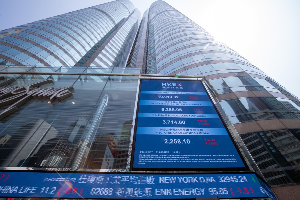 An electronic screen displays the Hang Seng Index in Central, Hong Kong. Photo: Bloomberg