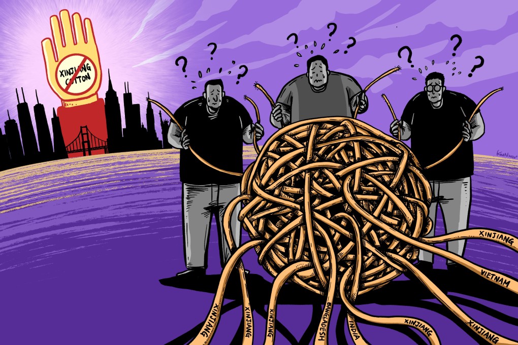 The global textile supply chain is so interwoven that suppliers in places such as Vietnam, Bangladesh and India are finding it difficult to untangle themselves from China’s Xinjiang region. Illustration: Lau Ka-kuen