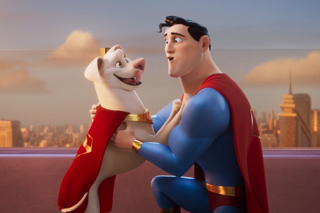 Krypto (left, voiced by Dwayne Johnson) and Superman (John Krasinski) in a still from DC League of Super-Pets. Photo: Warner Bros. Pictures.