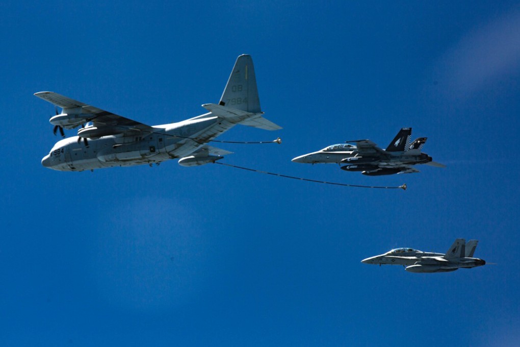 US fighter jets pictured with a Marine Corps refuelling aircraft in 2016. Last month’s week-long operation saw seven or eight planes airborne each day, often carrying out air-to-air refuelling. Photo: US Marine Corps via AP