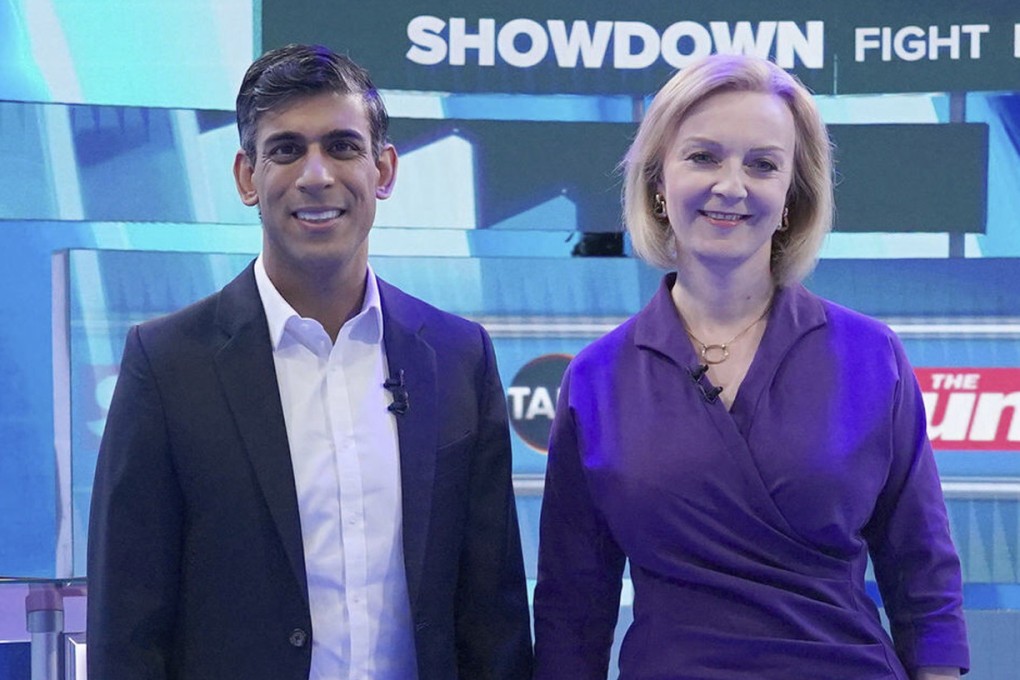Leadership hopefuls Rishi Sunak and Liz Truss take part in a television debate at TalkTV’s Ealing Studios in London on Tuesday. Photo: PA via AP
