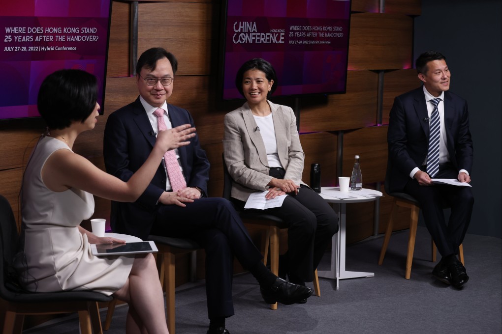 The second day of the Post’s China Conference featured a panel discussion with (from left to right) moderator Olga Wong, CUHK associate dean of the faculty of medicine Dennis Lo, Qiming Venture managing partner Nisa Leung, and Samuel Au Kwok-wai, founder and president of Cornerstone Robotics. Photo: Jonathan Wong
