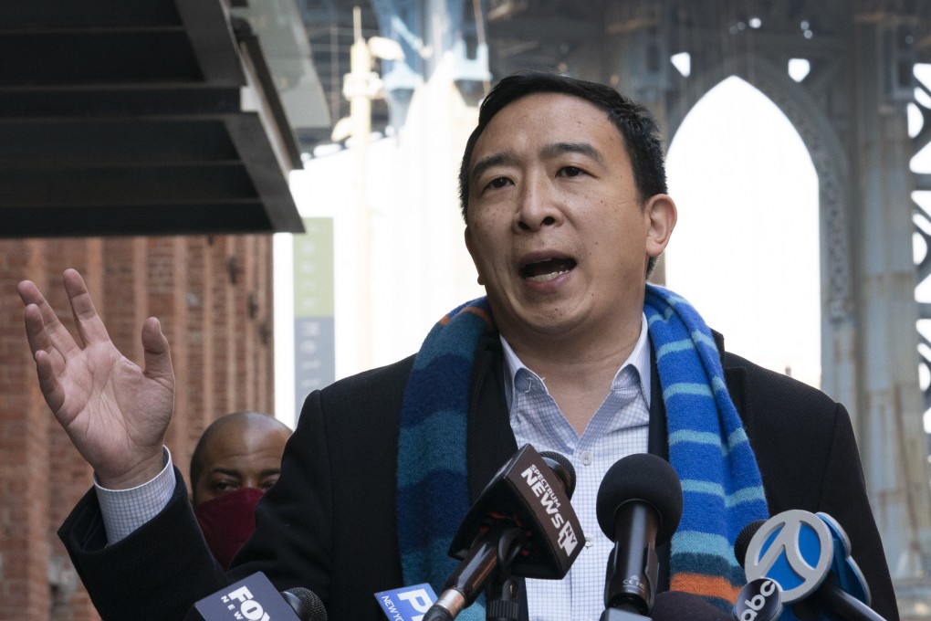 Democratic mayoral candidate Andrew Yang holds a news conference in New York. Photo: AP