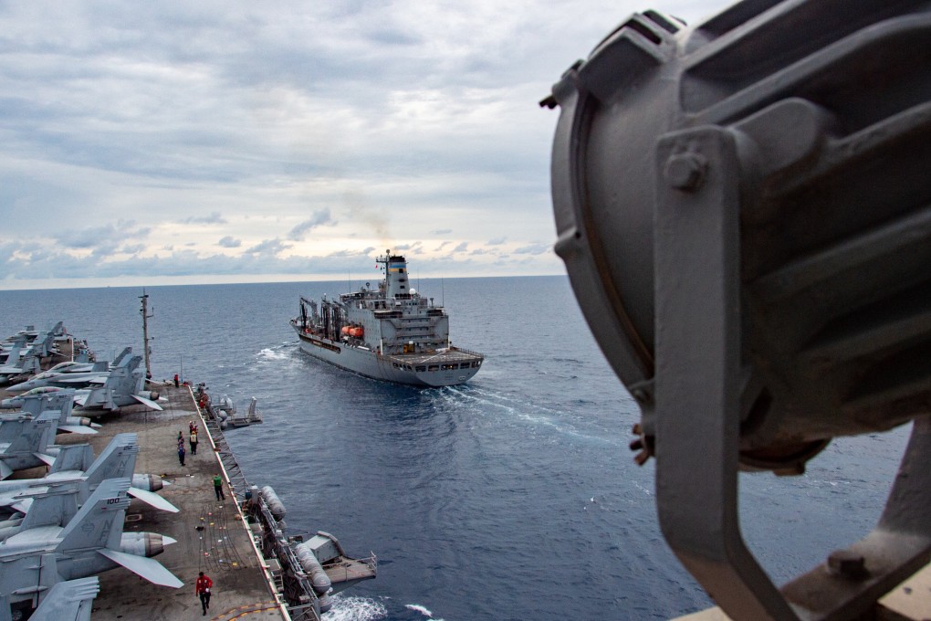 The USS Ronald Reagan approaches the USNS Tippecanoe to refuel at sea. The aircraft carrier strike group has been sailing through the South China Sea and is heading northeast towards the Taiwan Strait. Photo: US Navy