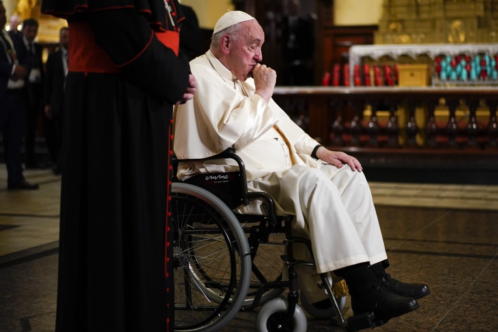 Pope Francis praying at the Cathedral-Basilica of Notre Dame de Quebec, in Quebec City, on Thursday. Photo: AP