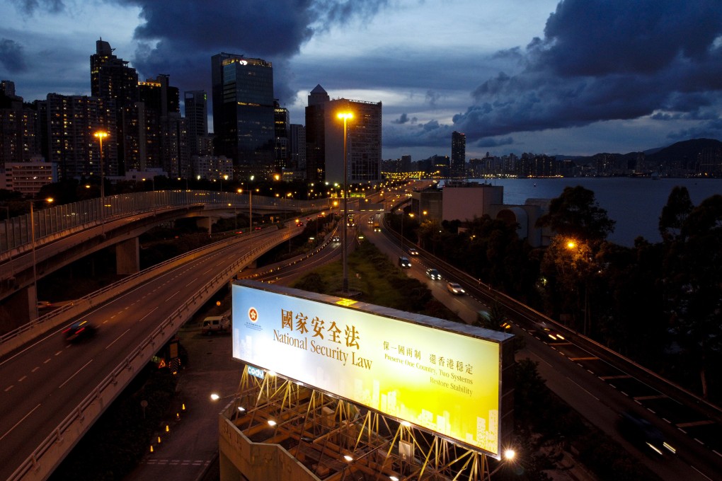 A banner promoting the national security law in Hong Kong’s Quarry Bay. Photo: Sun Yeung