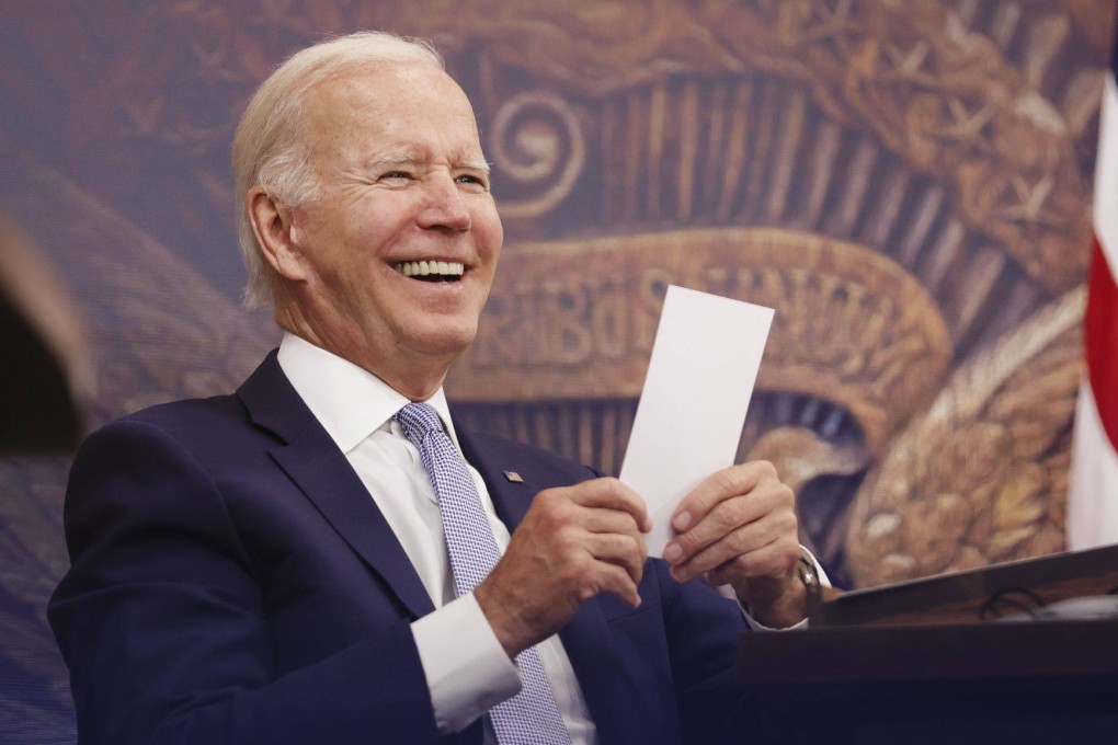 US President Joe Biden speaks in the Eisenhower Executive Office Building in Washington on Thursday. Photo: Bloomberg