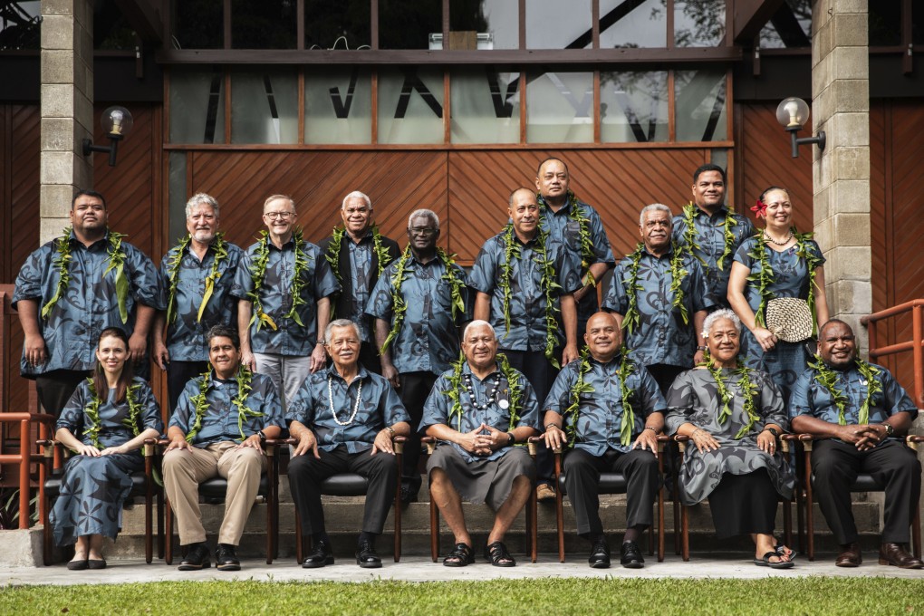 Leaders pose for a group photo on July 14 at the Pacific Islands Forum summit in Fiji. Photo: AAP Image via AP