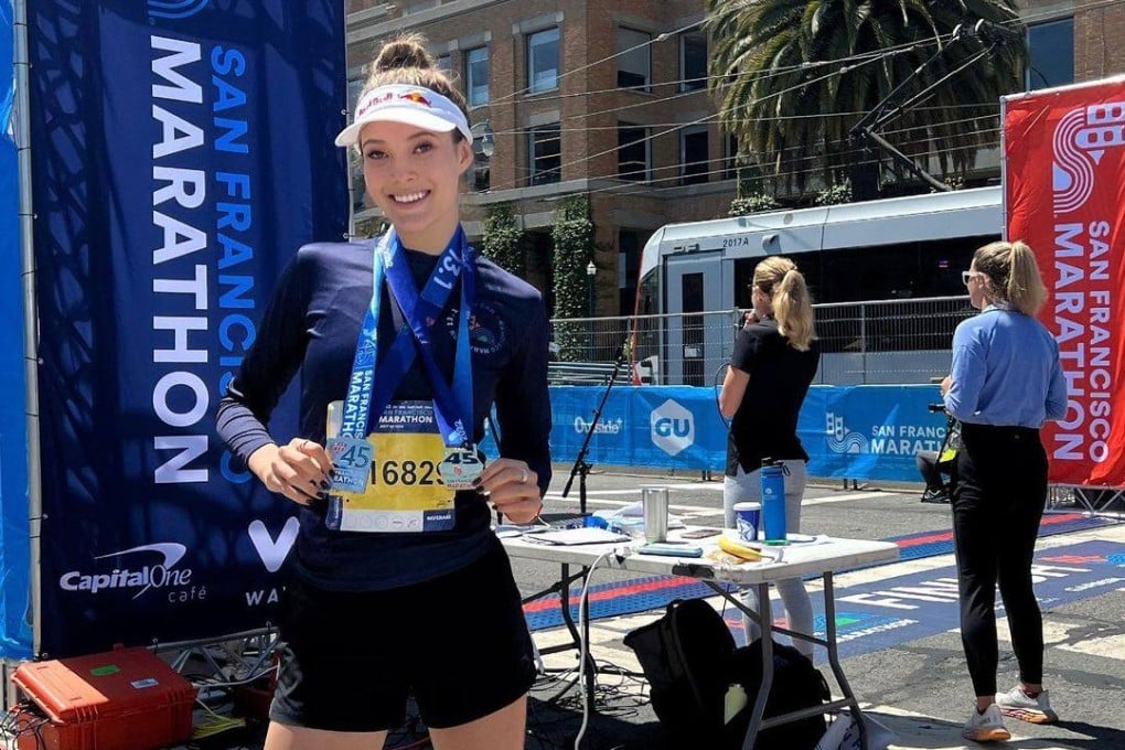 Eileen Gu poses after finishing 2nd in the female 19-and-under category at the San Francisco half marathon. Photo: Instagram/@eileen_gu_