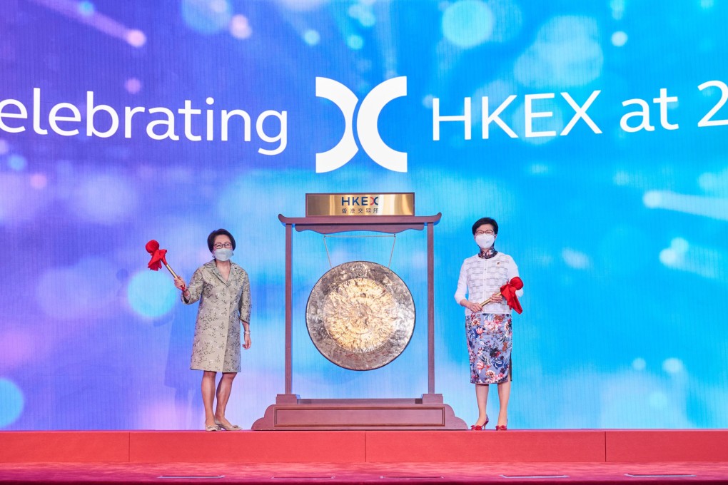 Hong Kong Exchanges and Clearing chairwoman Laura Cha Shih May-lung (left) and then chief executive Carrie Lam Cheng Yuet-Ngor strike the gong to mark HKEX’s 22nd anniversary as a listed company on June 21. Photo: HKEX