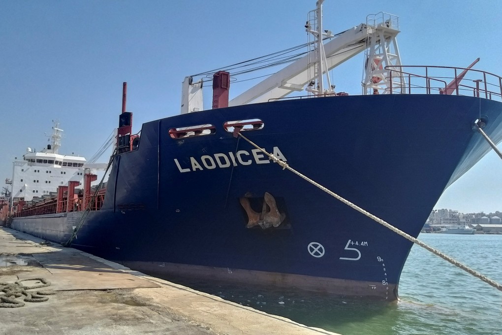 The ship “Laodicea” docked at port of Tripoli in northern Lebanon. A Lebanese prosecutor ordered the seizure on Saturday of a Syrian-flagged ship that docked at a northern port with a cargo of Ukrainian grain Kyiv’s embassy in Beirut said was “illegal”.Photo: Reuters