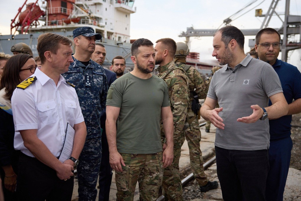 Ukrainian President Volodymyr Zelensky visits the Black Sea port of Chornomorsk, Ukraine on Friday. Photo: Ukrainian Press Service / AFP