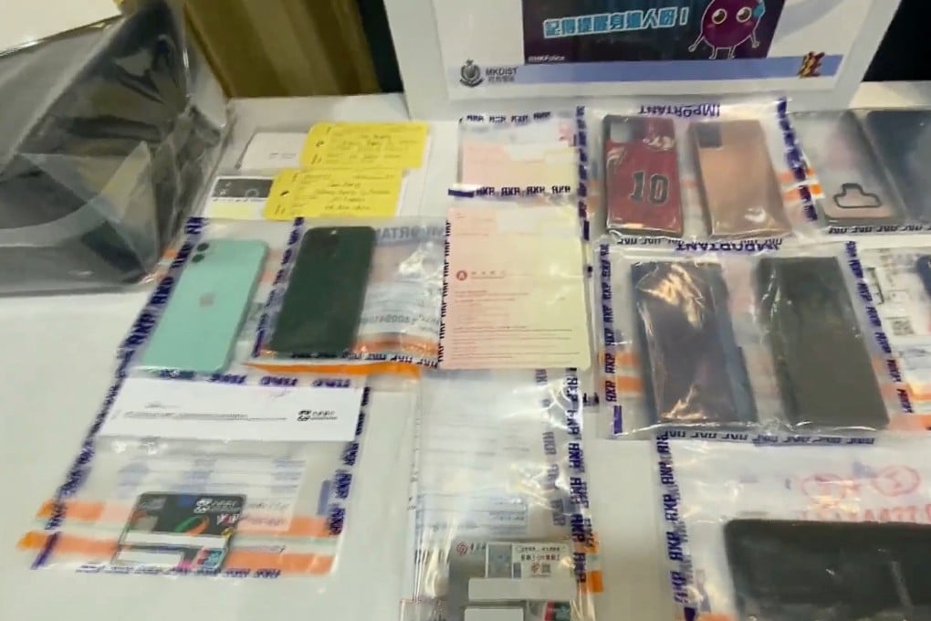 Police display the seized evidence during a press conference about a two-week anti-fraud operation during which 60 people were arrested in connection with 44 cases of deception involving financial losses of HK$75 million (US$9.5 million). Photo: Hong Kong Police