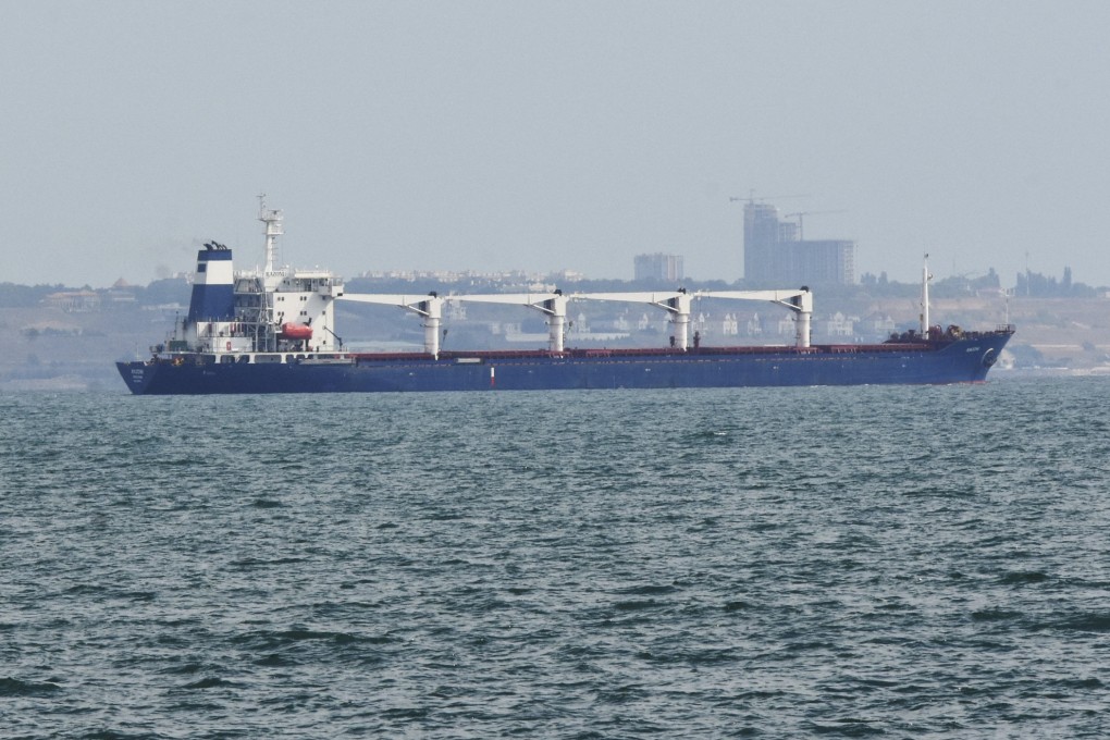 The bulk carrier Razoni leaving port in Odesa, Ukraine on Monday. Photo: AP