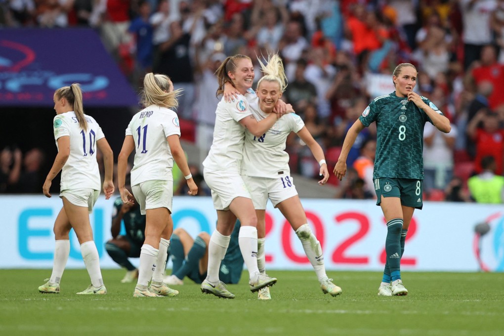 England’s Keira Walsh and Chloe Kelly celebrate after winning the Women’s Euro 2022 at Wembley in London, UK on Sunday. Photo: Reuters