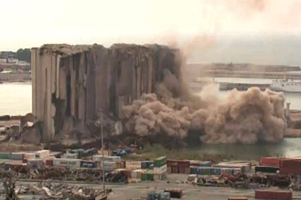 Parts of Beirut’s grain silos collapsed on Sunday, just days before the second anniversary of a catastrophic explosion at the Lebanese capital’s port. Photo: LBCI