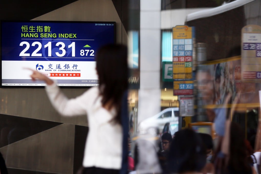 A chart on an electronic stock board shows the Hang Seng index in Central, Hong Kong. Photo: SCMP