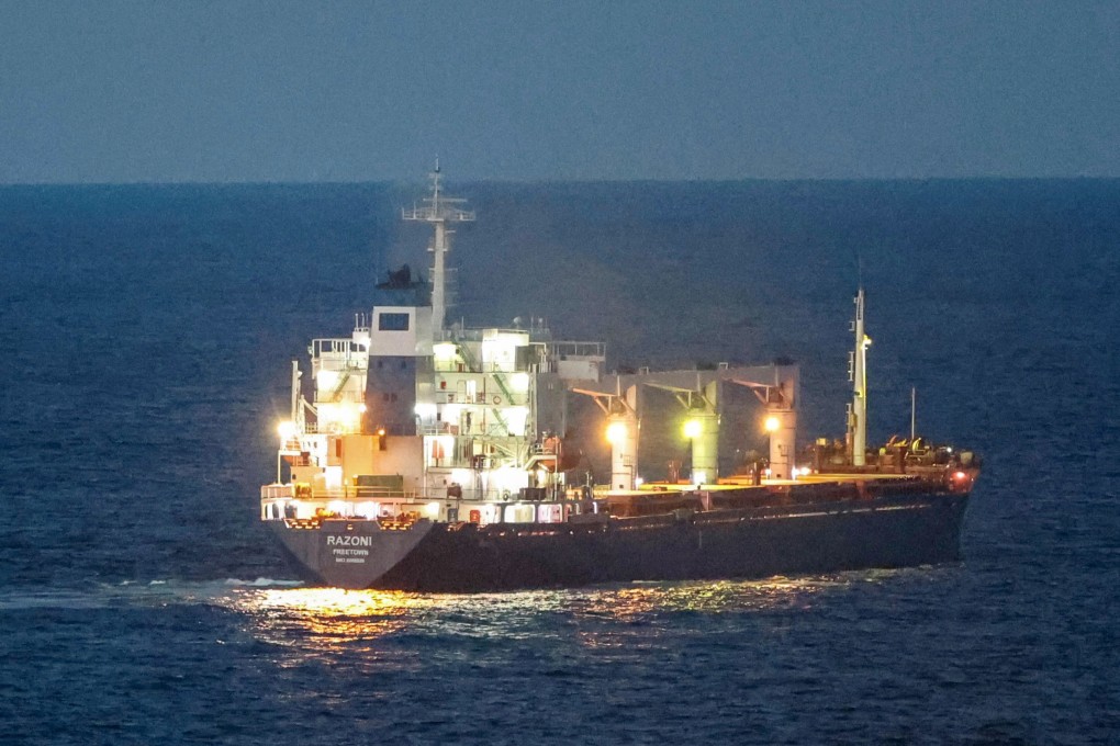 The Sierra Leone-flagged cargo ship Razoni, carrying Ukrainian grain, is seen in the Black Sea off Kilyos, near Istanbul on Tuesday. Photo: Reuters