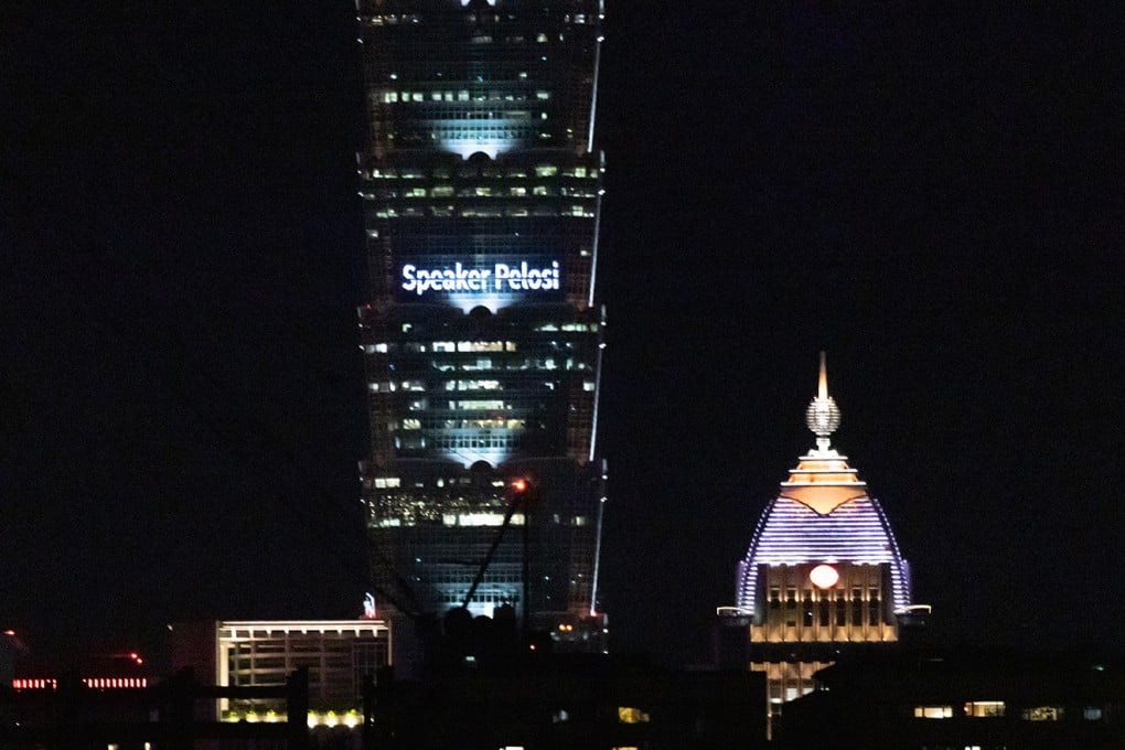 The Taipei 101 skyscraper displays a welcome message for US Speaker of the House Nancy Pelosi on Tuesday. Photo: Getty Images/TNS