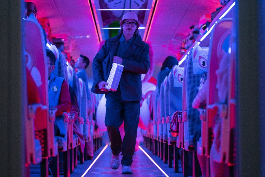 Brad Pitt in a still from Bullet Train (category IIB), directed by David Leitch. Aaron Taylor-Johnson co-stars.