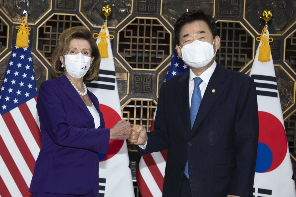 US House Speaker Nancy Pelosi (left) and South Korea National Assembly Speaker Kim Jin-pyo at the National Assembly in Seoul, South Korea, on Thursday. Photo: Bloomberg
