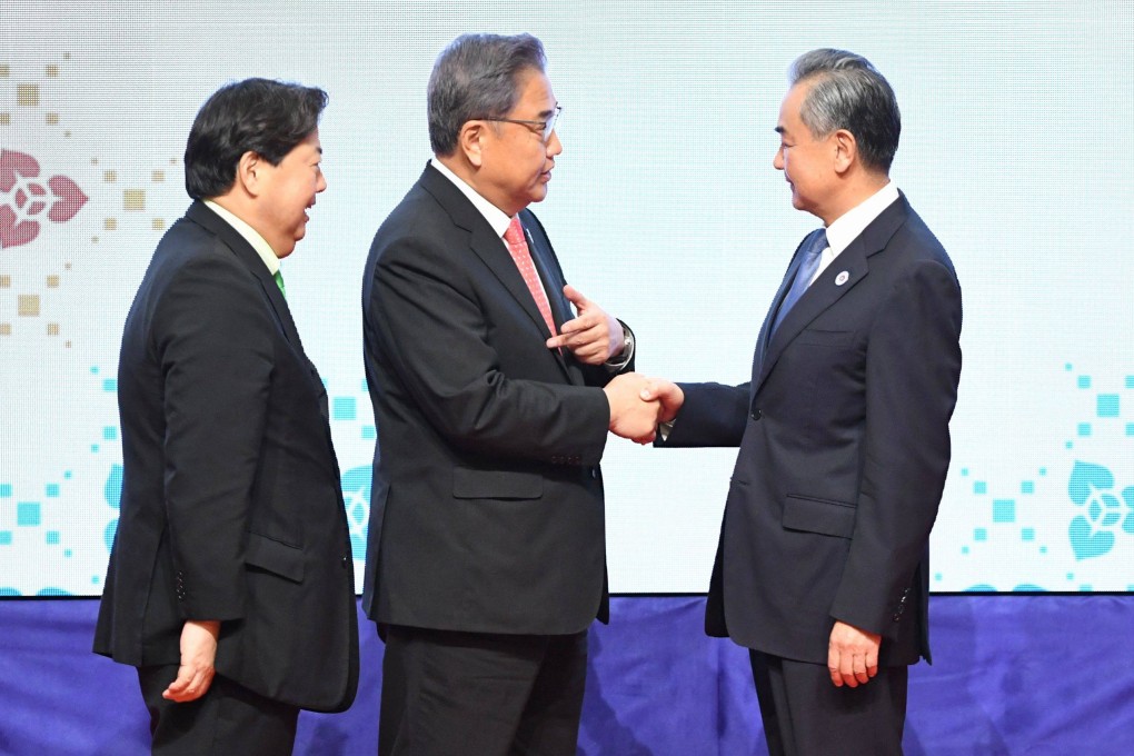 South Korea’s Foreign Minister Park Jin (centre) and China’s Foreign Minister Wang Yi (right) at the 23rd Asean Plus Three Foreign Ministers Meeting during the 55th Asean Foreign Ministers’ Meeting in Phnom Penh on Thursday. Photo: AFP