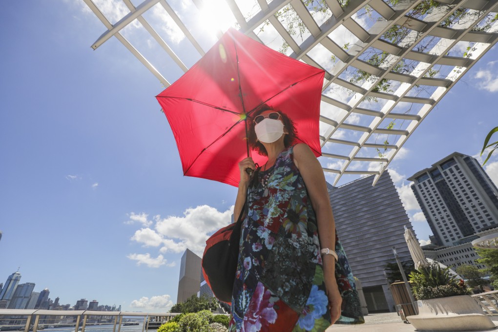 A woman shelters from the sun in Tsim Sha Tsui on July 12, after a very hot weather warning was issued by the Hong Kong Observatory. Photo: Xiaomei Chen