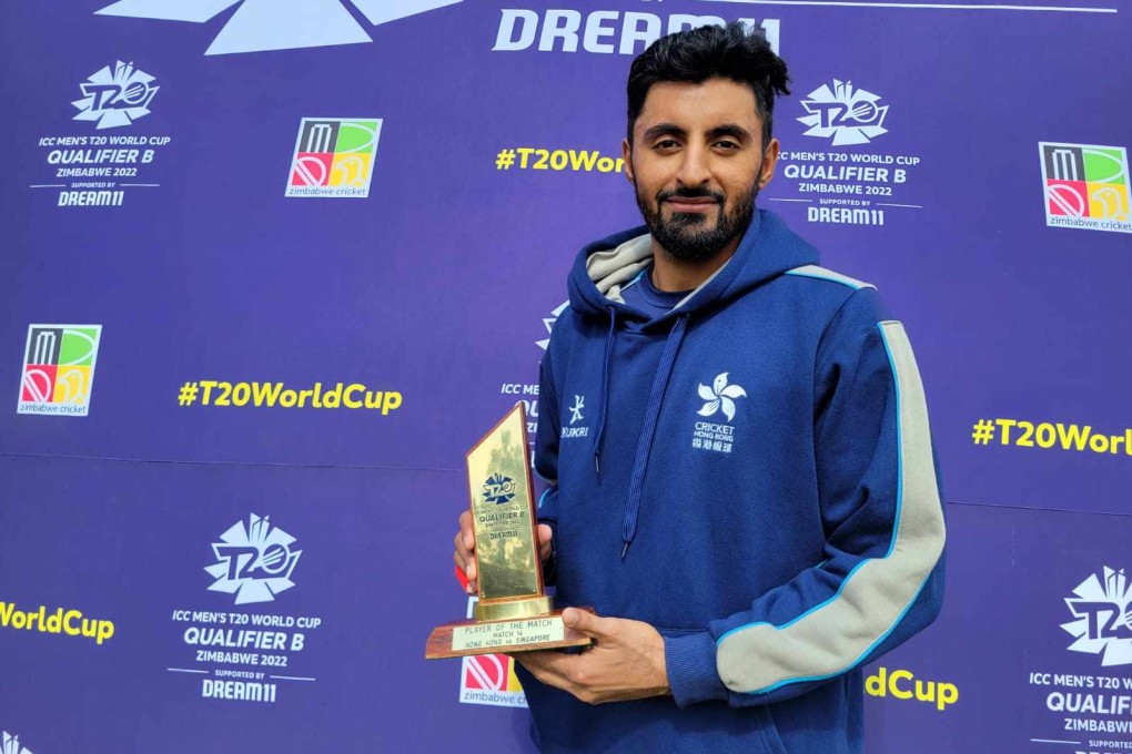 Hong Kong captain Nizakat Khan with his man of the match award after the game against Singapore at the ICC Men’s T20 World Cup Qualifier. Photo: Cricket Hong Kong