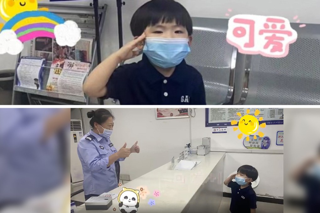 A little boy salutes police officer as a thank you for help with his ID card and lights up Chinese social media. Photo: Handout