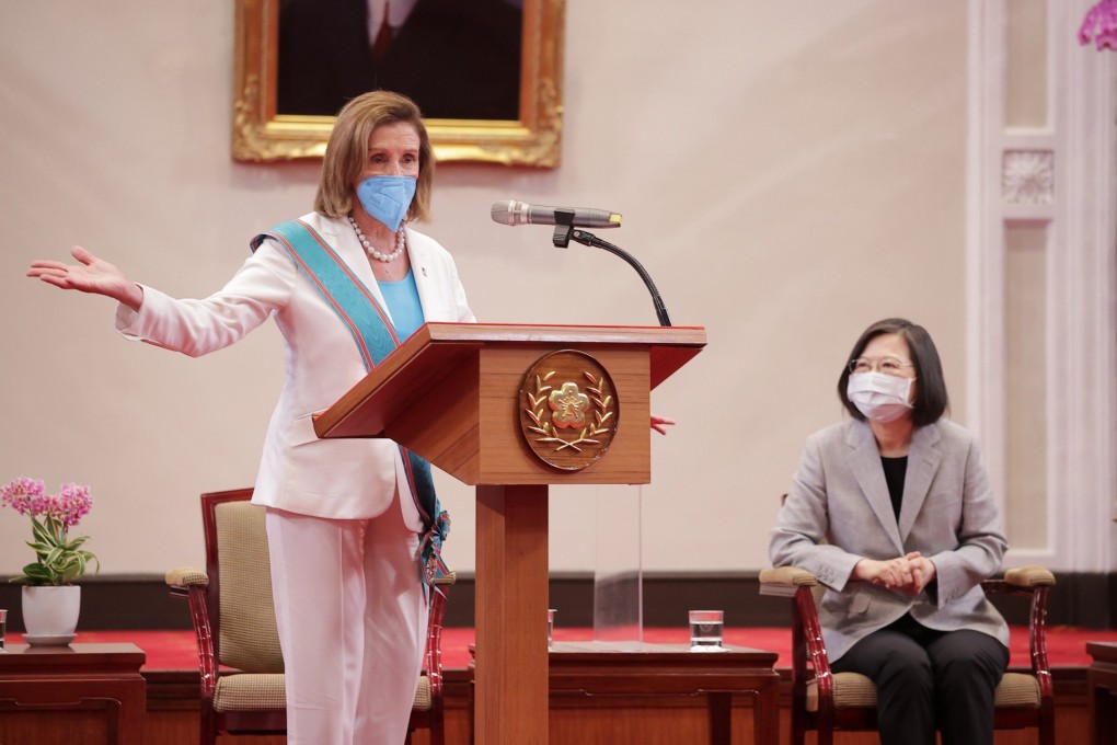 US House of Representatives speaker Nancy Pelosi addresses a news conference with Taiwanese President Tsai Ing-wen following their meeting at the Presidential Palace in Taipei this week. Photo: Handout