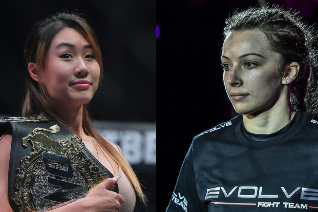 Angela Lee (left) poses with her belt in the ONE Circle, Danielle Kelly walks out for grappling match with Mei Yamaguchi. Photos: ONE Championship.