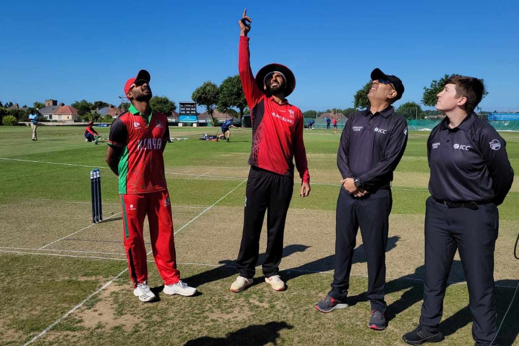 Kenya captain Rakep Patel (left) watches as his Hong Kong counterpart Nizakat Khan tosses the coin before the start of their Challenge League B game in Jersey. Photo: CHK
