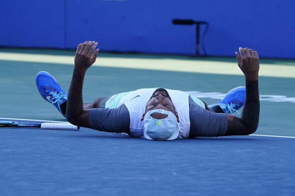 Nick Kyrgios is floored after winning the Citi Open at Washington’s Rock Creek Park Tennis Centre. Photo: EPA-EFE