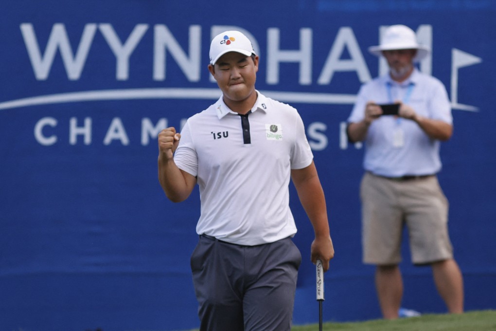 Joohyung Kim reacts after winning the Wyndham Championship: Photo: USA TODAY Sports