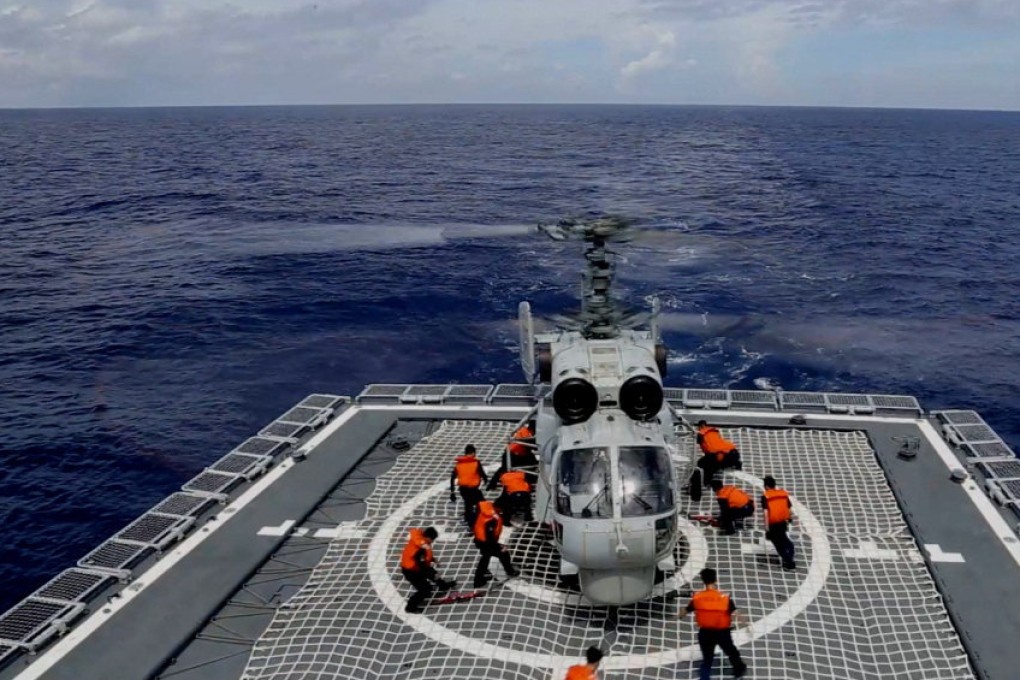 A PLA Navy helicopter under the Eastern Theatre Command takes part in military exercises in the waters around Taiwan on Monday. Photo: PLA Eastern Theatre Command/Reuters
