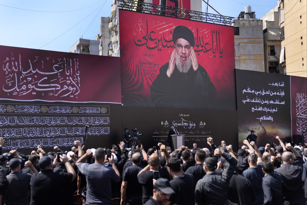 Hezbollah leader Hasan Nasrallah delivers a speech speech marking the Shiite mourning ritual of Ashura in Beirut, Lebanon, on Tuesday. Photo: AP