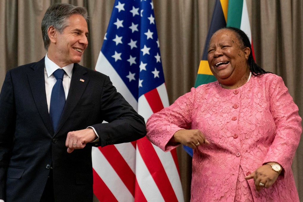 US Secretary of State Antony Blinken is greeted by South African Foreign Minister Naledi Pandor as he arrives for a meeting in Pretoria on Monday. Photo: Reuters