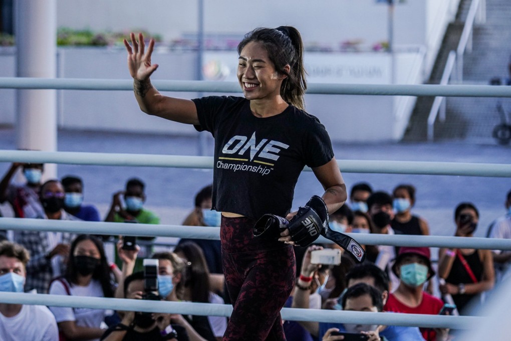 ONE atomweight champion Angela Lee addresses fans and media at the ONE X open workouts in Singapore. Photo: ONE Championship