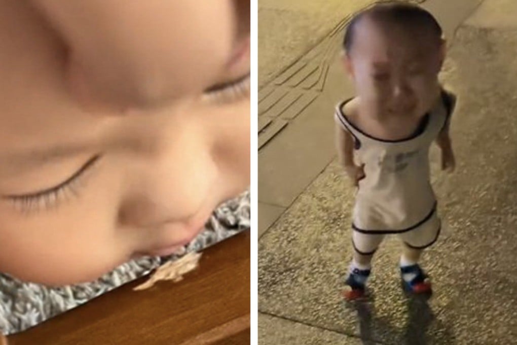 Two viral videos of little boys in China. One baby chewed on a table to ease teething (left) and another boy was scared of his shadow (right). Photo: SCMP composite
