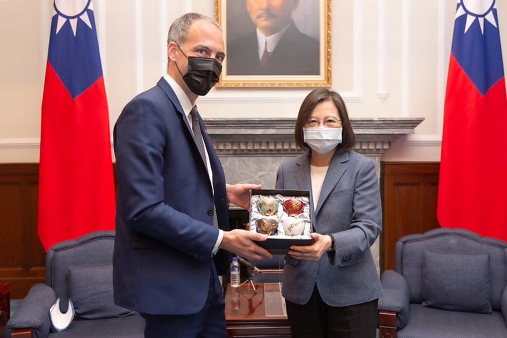 Taiwanese President Tsai Ing-wen pictured with Raphael Glucksmann, a member of a European Parliament delegation that visited Taiwan last year. Photo: EPA-EFE