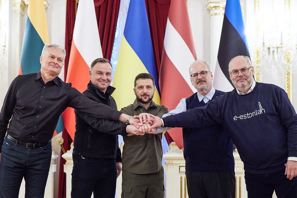 Estonian President Alar Karis (right) and Latvian President Egils Levits (second from right) join a show of support in April for Ukrainian President Volodymyr Zelensky (centre), along with Lithuanian President Gitanas Nauseda (left) and Polish President Andrzej Duda. On Thursday, Estonia and Latvia said they were leaving China’s 16+1 group. Photo: Ukrainian Presidential Press Service via AFP