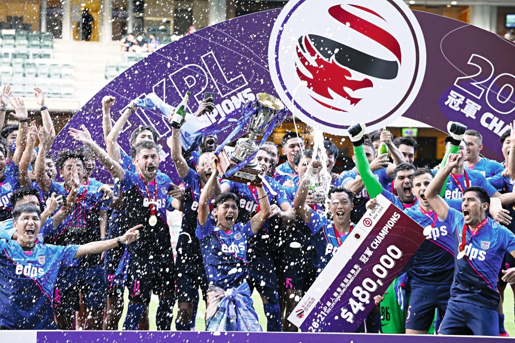 Kitchee’s players celebrate with the BOC Hong Kong Premier League trophy at Hong Kong Stadium on May 21, 2021. Photo: K.Y. Cheng