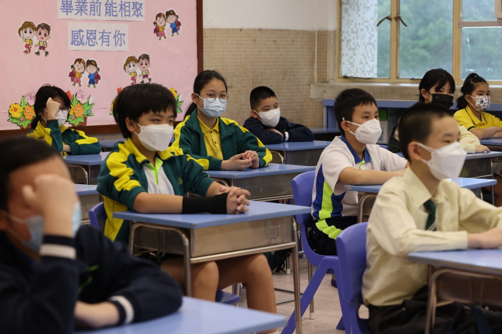 Primary school students at Fung Kai Liu Yun Sum Memorial School in Fanling in April. With the 3+4 (isolation and surveillance) policy to take effect ahead of the new school year, some want guidelines on the treatment of students. Photo: Jelly Tse