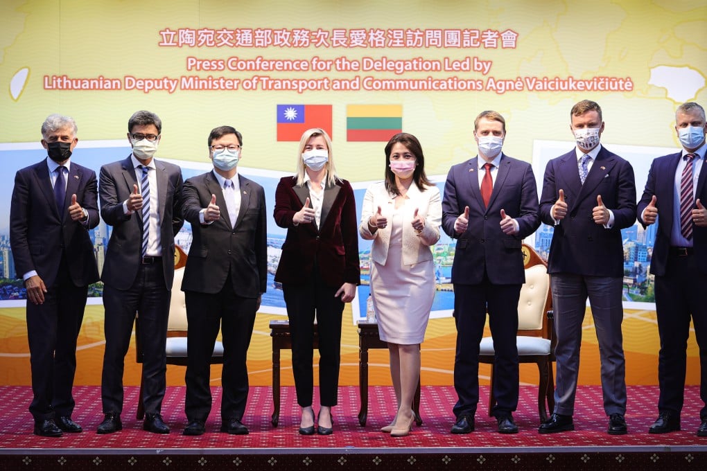 Lithuania’s deputy transport minister Agne Vaiciukeviciute (fourth from left) has been sanctioned by Beijing over her trip to Taiwan this week. Photo: CNA