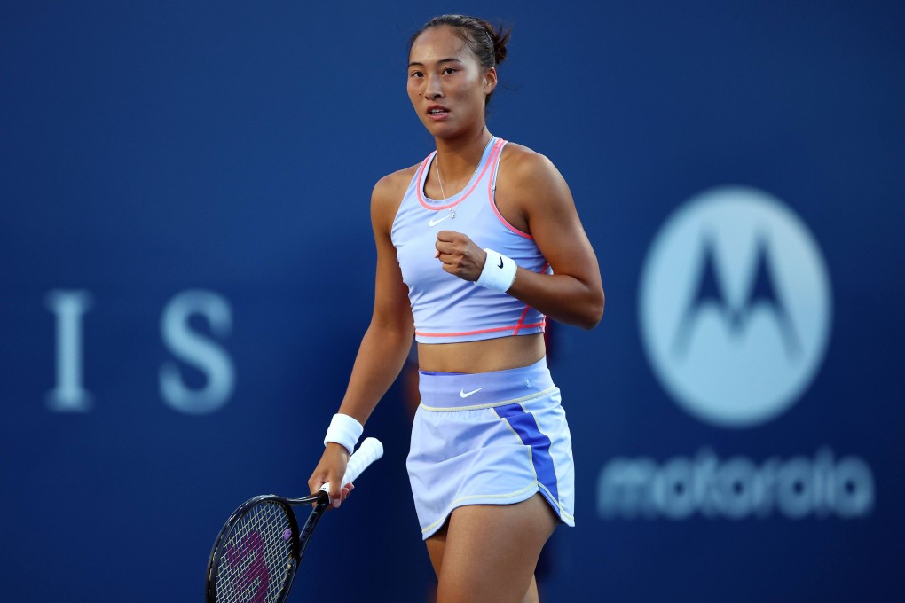 Qinwen Zheng of China celebrates winning a point against Bianca Andreescu during the National Bank Open. Photo: AFP