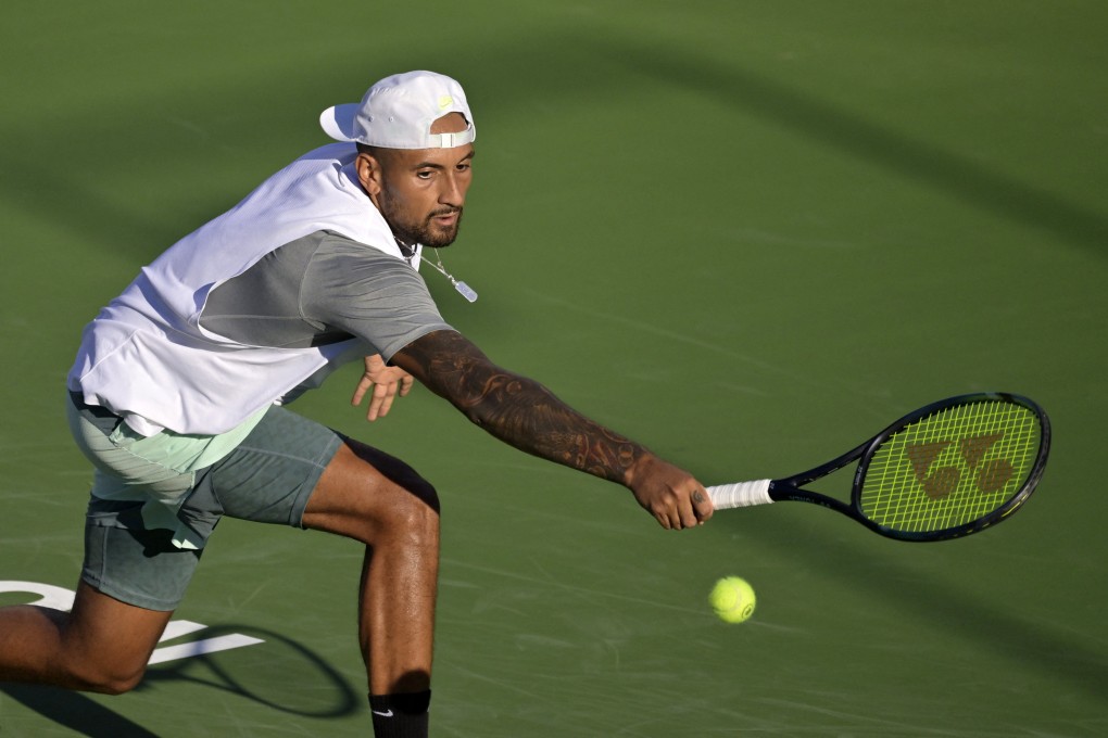 Nick Kyrgios hits a backhand against Alex De Minaur in third round of the National Bank Open. Photo: USA TODAY Sports