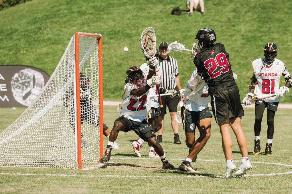 Hong Kong (in dark shirts) score against Uganda in the World Lacrosse Men’s Under-21 Championship in Ireland. Photo: Facebook
