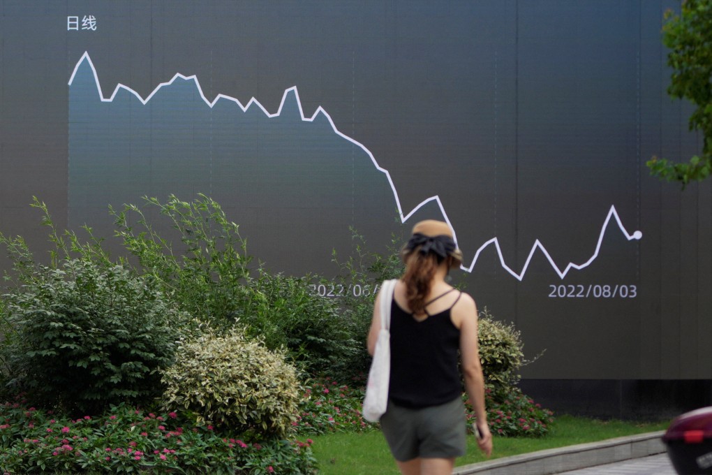 A pedestrian walks past a giant display showing a stock graph in Shanghai on August 3, 2022. Photo: Reuters