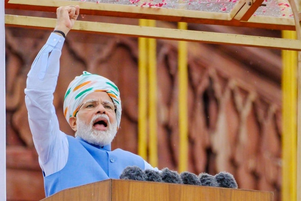 Narendra Modi at Monday’s Independence Day ceremony at the Red Fort in New Delhi. He said the world was increasingly looking to India to help resolve global issues. Photo: Bloomberg
